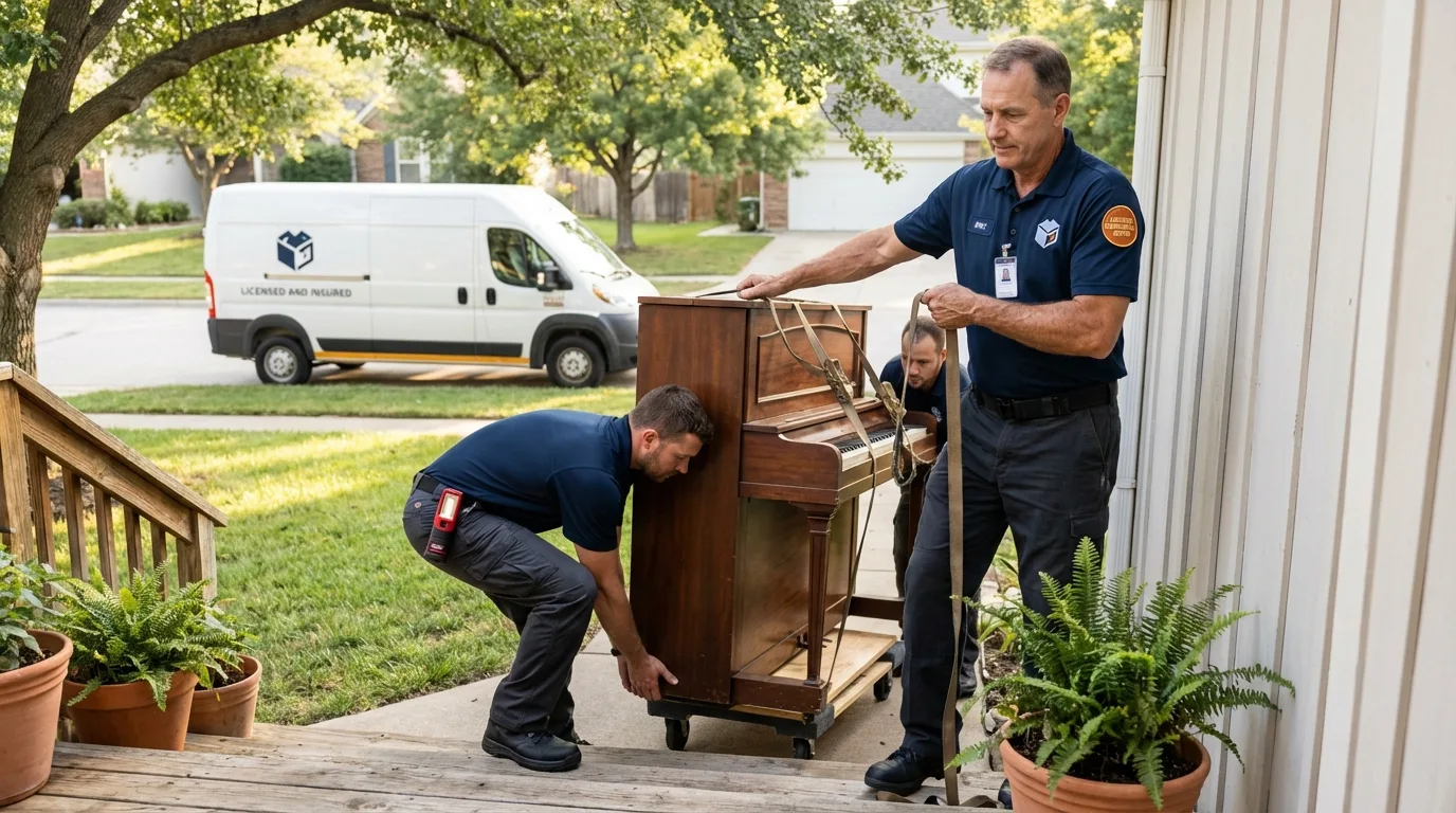 Licensed piano movers securing grand piano in Fallsburg, NY
