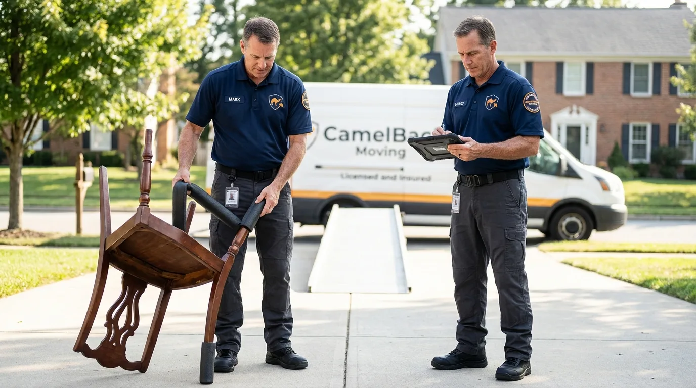 Movers inspecting furniture for damage prevention before loading in Fallsburg, NY