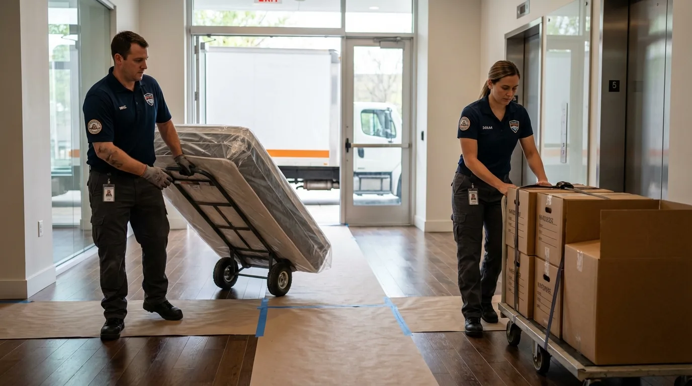 Professional apartment movers loading elevator in Fallsburg, NY